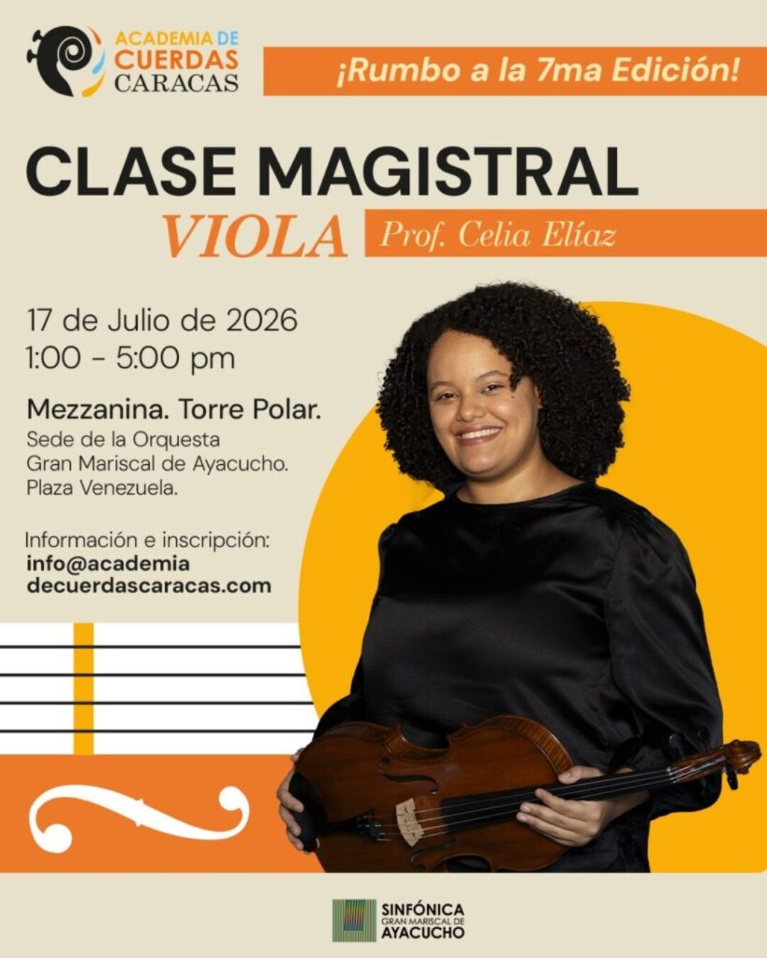 Flyer de la Clase Magistral de Viola con la Prof. Celia Elíaz en la Academia de Cuerdas Caracas